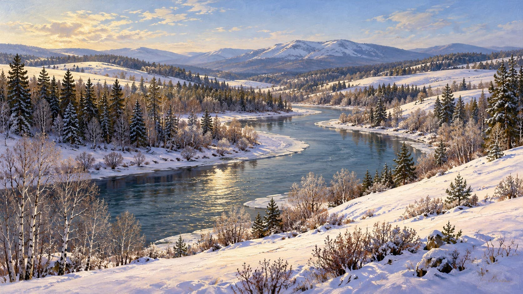A blue river winds through snowy rolling hills and pine forest beneath distant mountain ridges.
