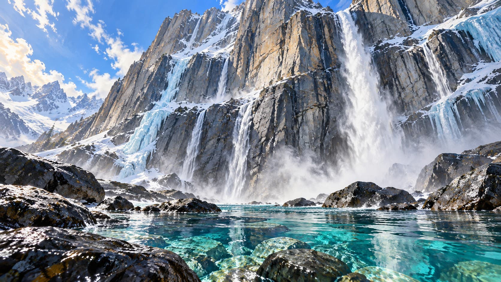 Waterfalls spill from steep snowy cliffs into a clear rocky pool in a mountain valley.