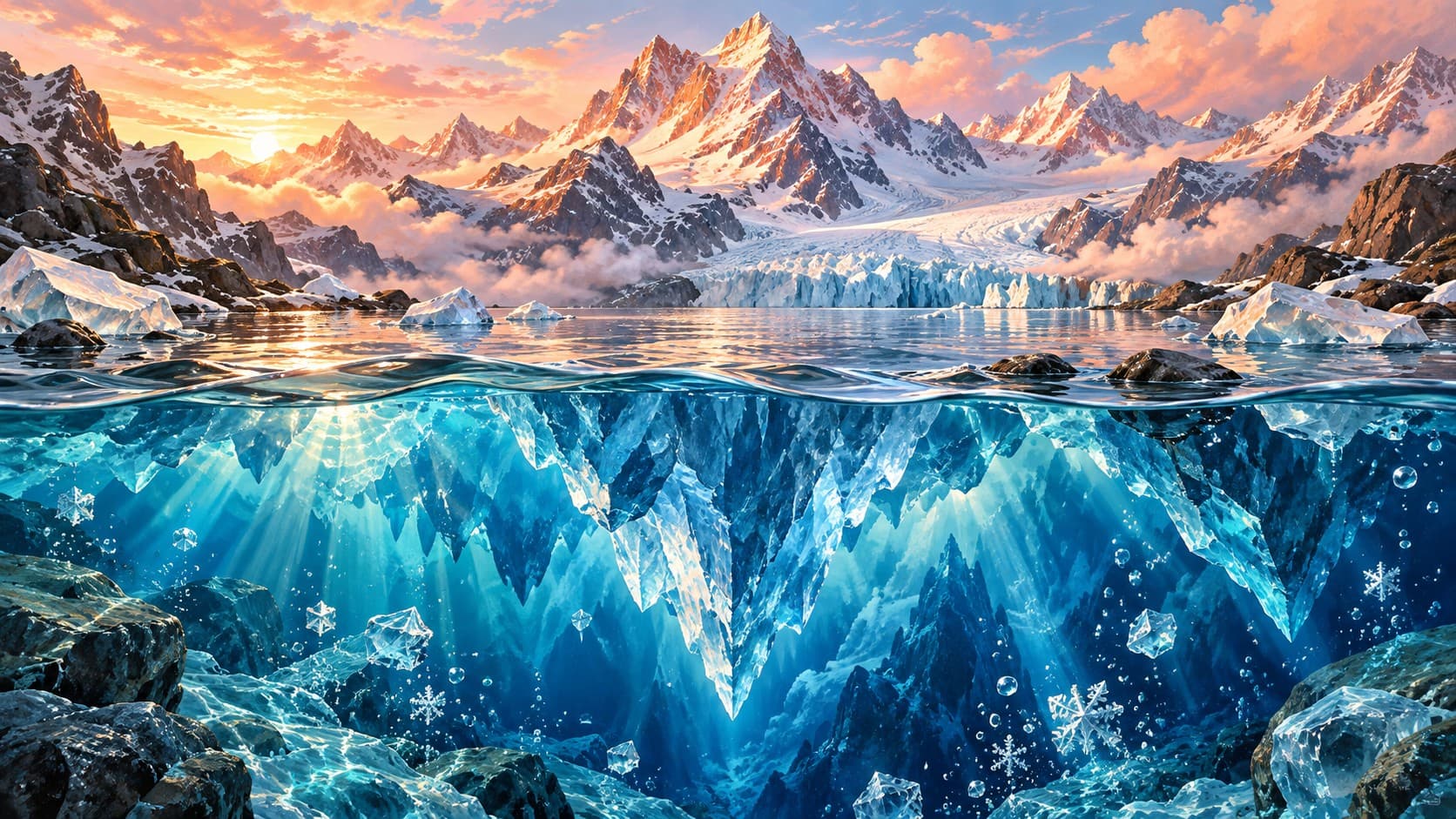 Snow-covered mountains and a glacier at sunset above clear blue water, with submerged ice visible beneath the surface.