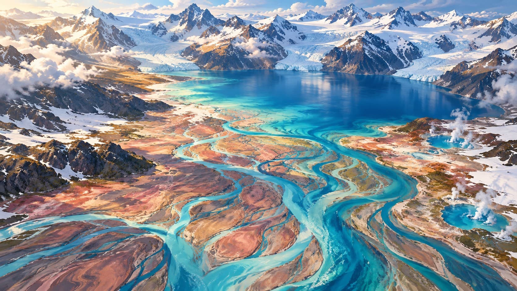 Braided turquoise rivers cross colourful glacial plains into a blue lake surrounded by snow-covered mountain peaks.