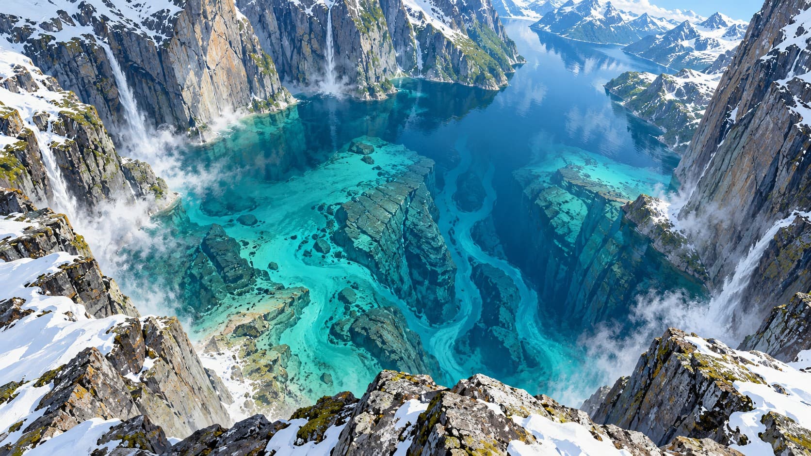 A clear turquoise lake reveals submerged rock shelves beneath snowy cliffs and mountain waterfalls.