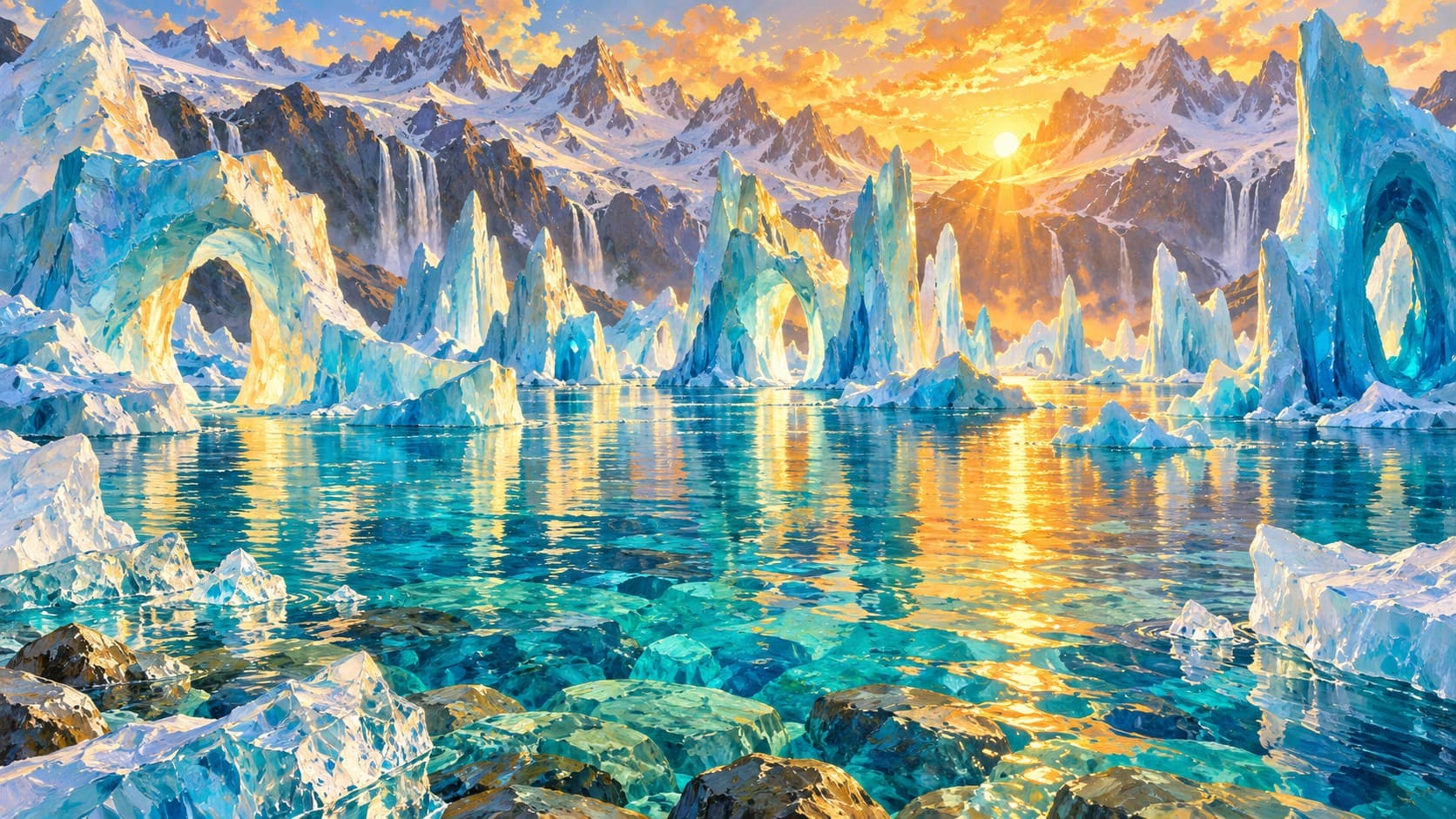 Tall blue ice spires rise from a clear turquoise lake beneath snowy mountains and a golden sunset.