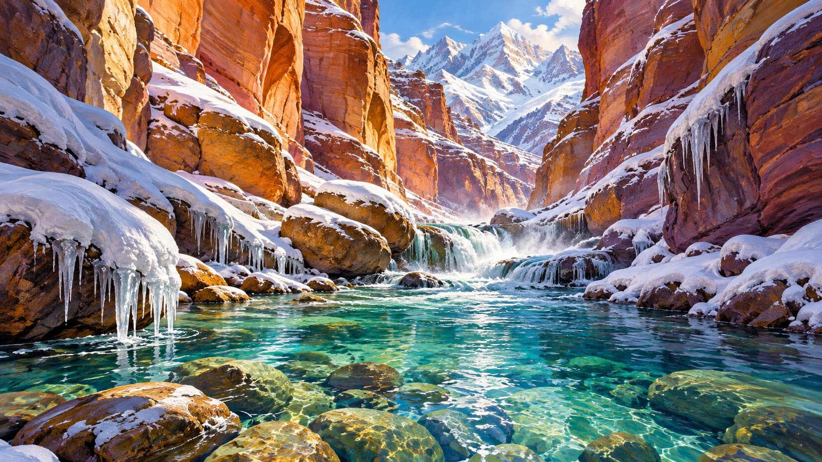 A clear turquoise river flows through a snowy red-rock canyon, with icicles and mountain peaks in the distance.