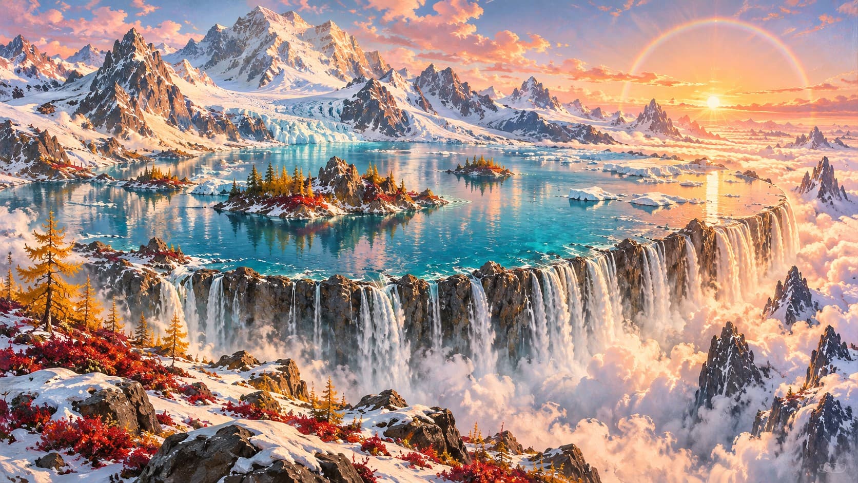 A turquoise alpine lake spills over a circular cliff into clouds beneath snowy peaks, a golden sunset and a rainbow.