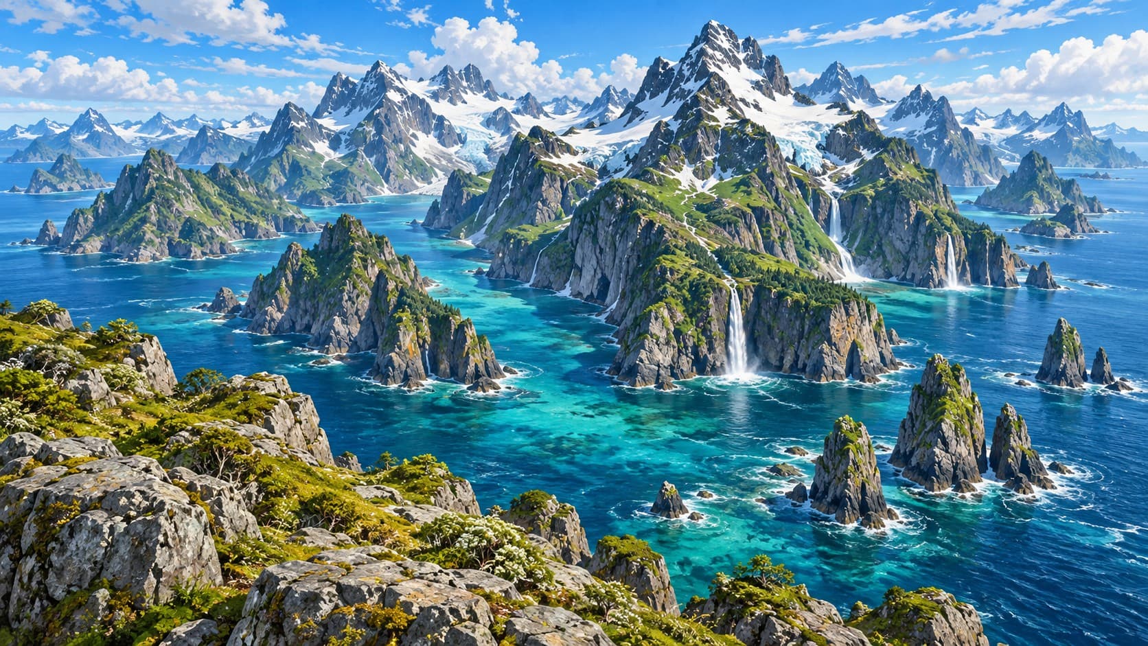 Jagged green islands rise from vivid turquoise water beneath a range of snowy mountains.