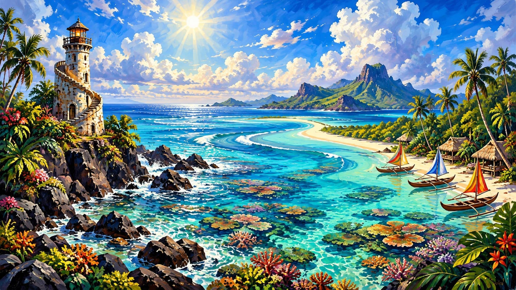 A sunny tropical bay with a stone lighthouse, sailboats and palm trees beside turquoise water and distant green mountains.