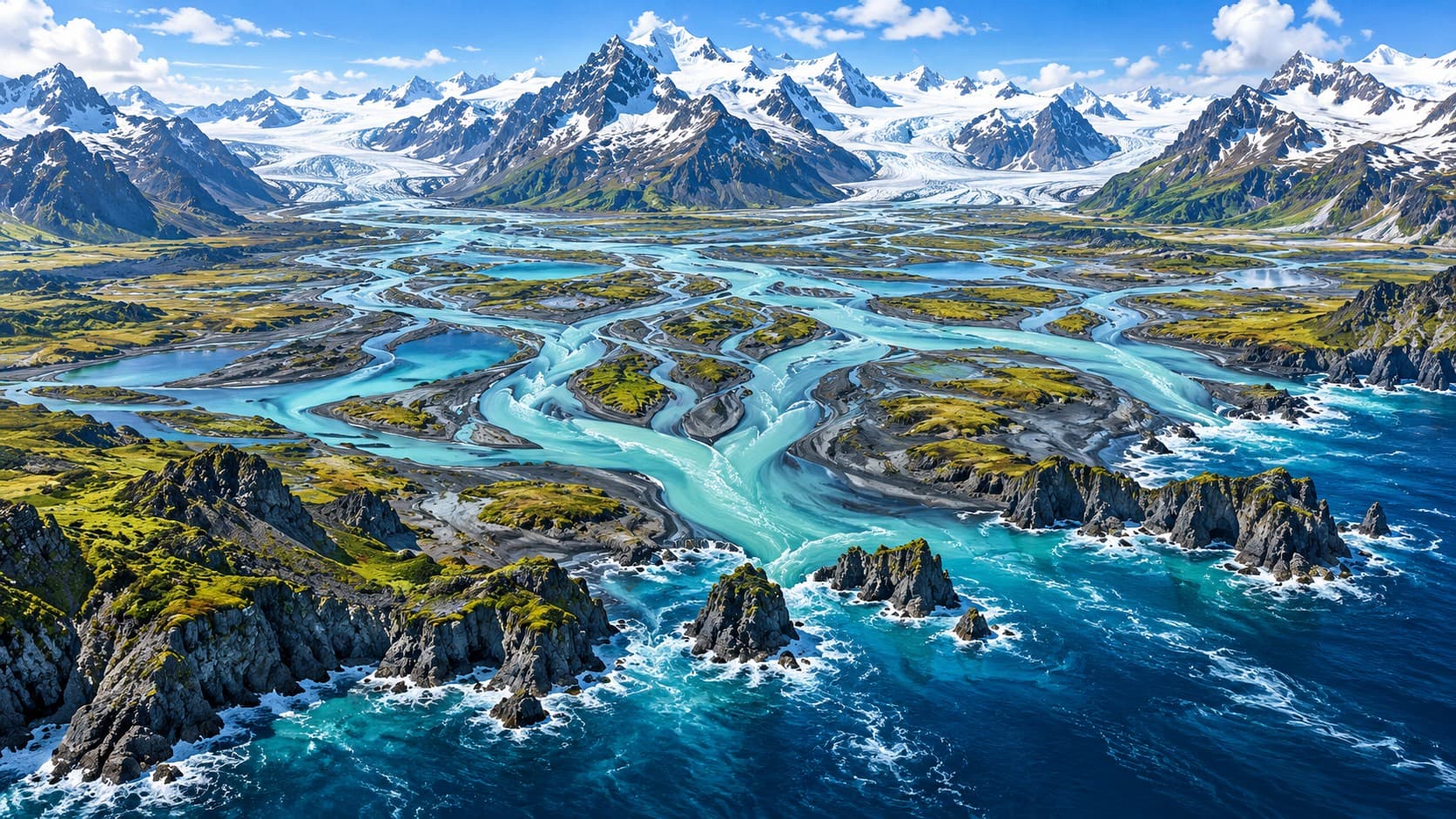 Aerial view of braided pale turquoise glacial rivers winding across green tundra to a dark blue sea, with snowy mountains and rocky sea stacks.