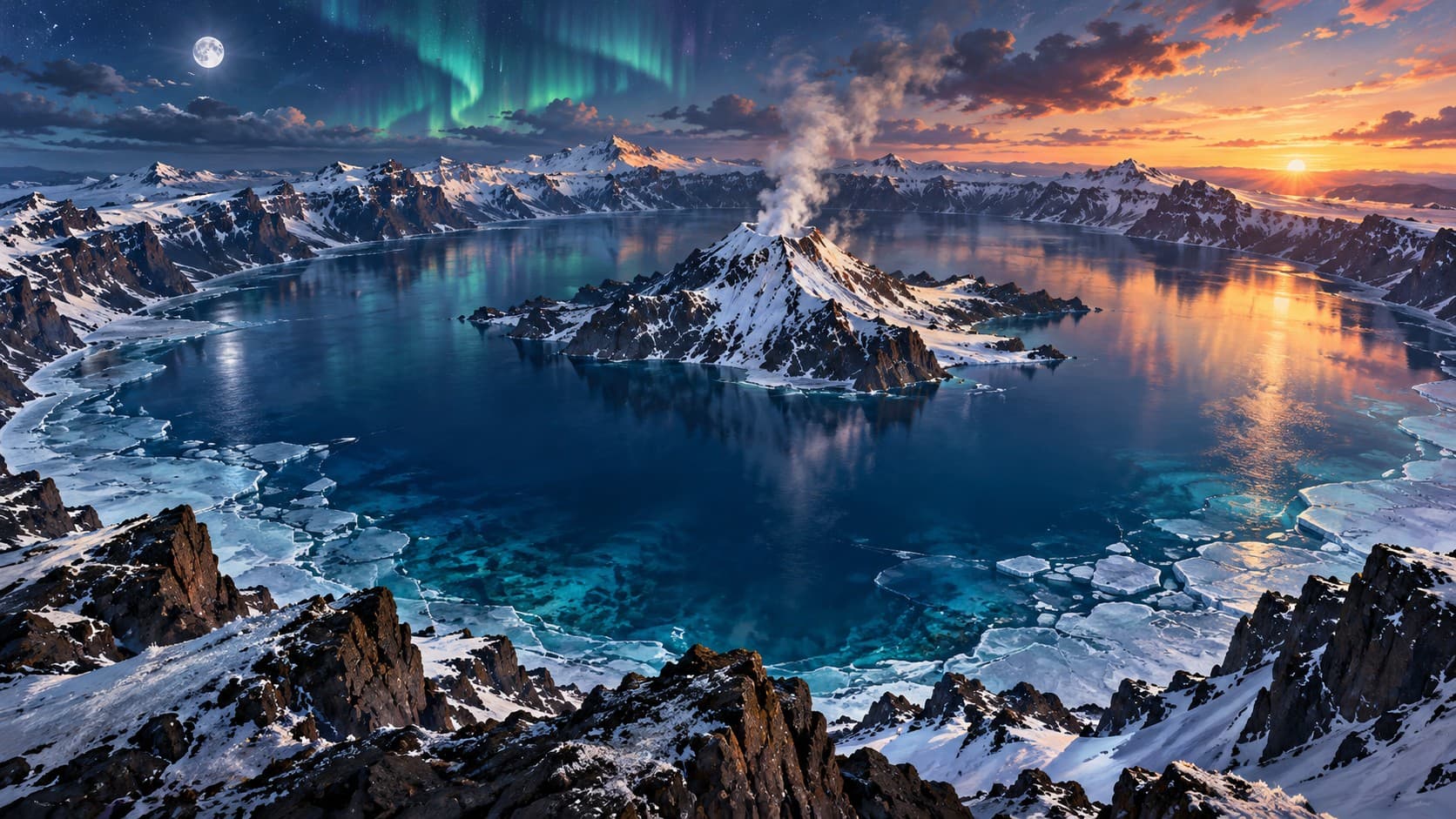 A smoking volcanic island sits in a ring of dark blue lake with broken ice, under a moonlit sky with green aurora on one side and an orange sunset on the other.