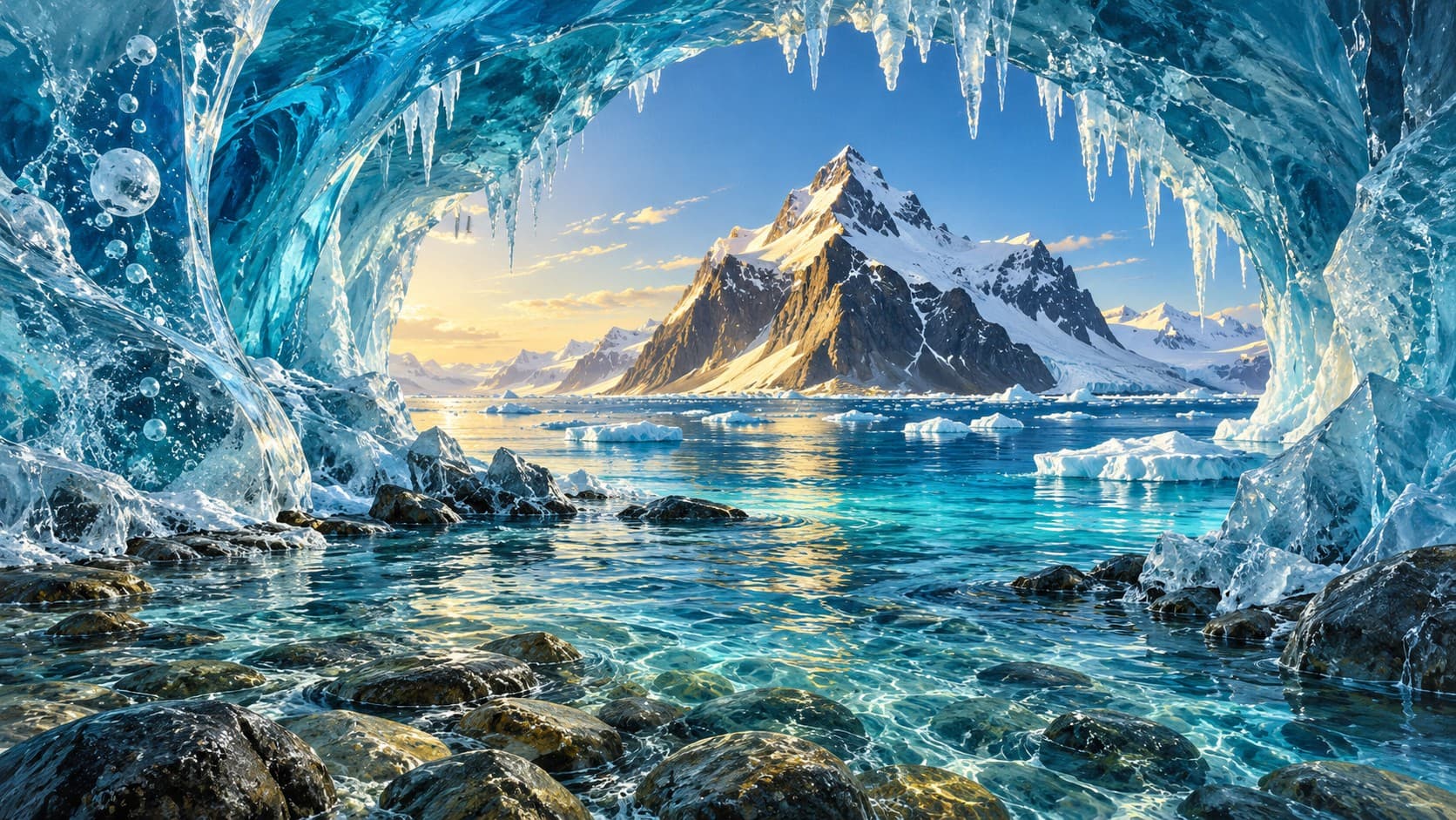 A view through a blue ice cave with hanging icicles onto a clear turquoise bay, floating ice and a sunlit snowy peak.