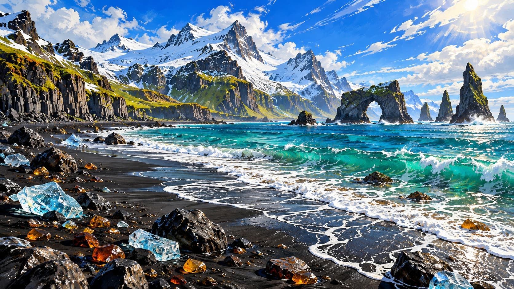 Turquoise waves wash onto a black sand beach scattered with clear ice chunks and amber stones, with a rock arch, sea stacks and snowy mountains behind.