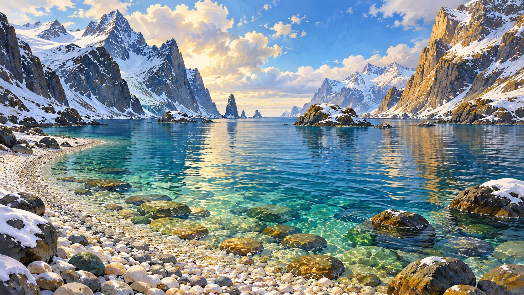 A calm turquoise fjord with a pale pebble shore, snow-dusted boulders, steep snowy cliffs and golden clouds.
