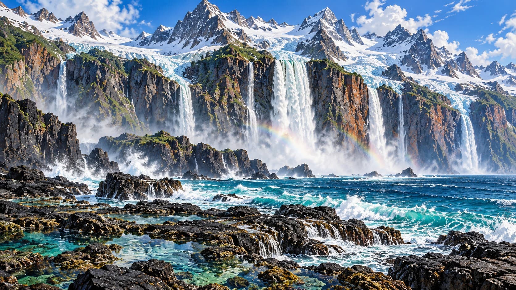 Tall waterfalls pour from a glacier over dark cliffs into crashing waves, with a faint rainbow in the mist and snowy peaks above.