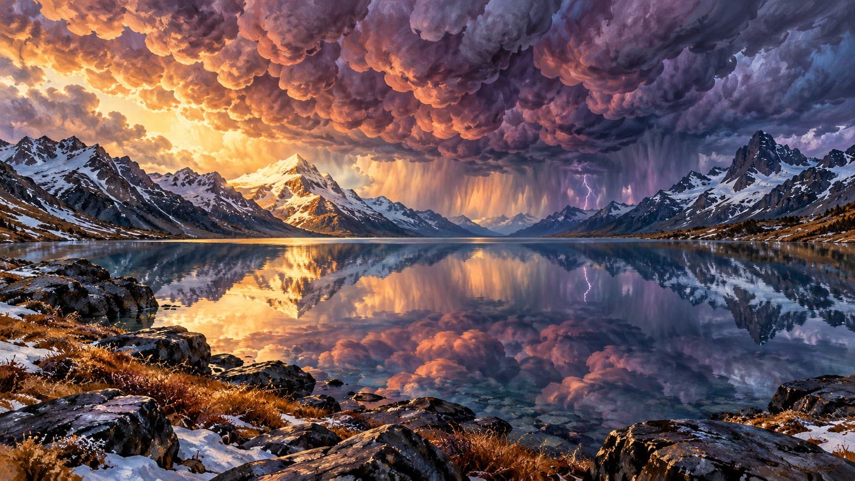 Storm clouds and golden sunlight over a mountain lake, reflected in the water above a rocky snowy shore.