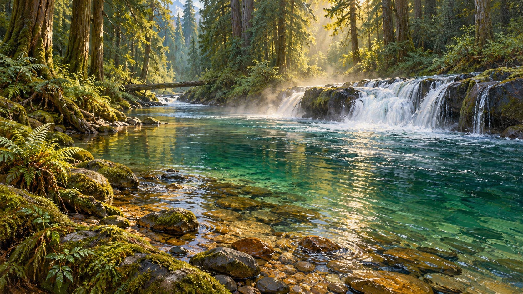 Sunlight falls across a clear turquoise forest stream and a low waterfall between moss-covered trees.